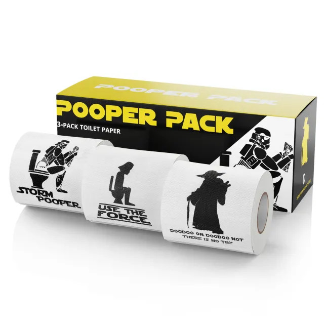 Pooper Pack box of three parody toilet paper rolls, with the Storm Pooper, Use The Force and DooDoo or DooDoo Not rolls in front