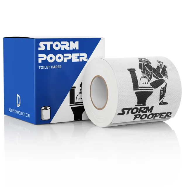 Blue Storm Pooper toilet paper box with a roll beside it