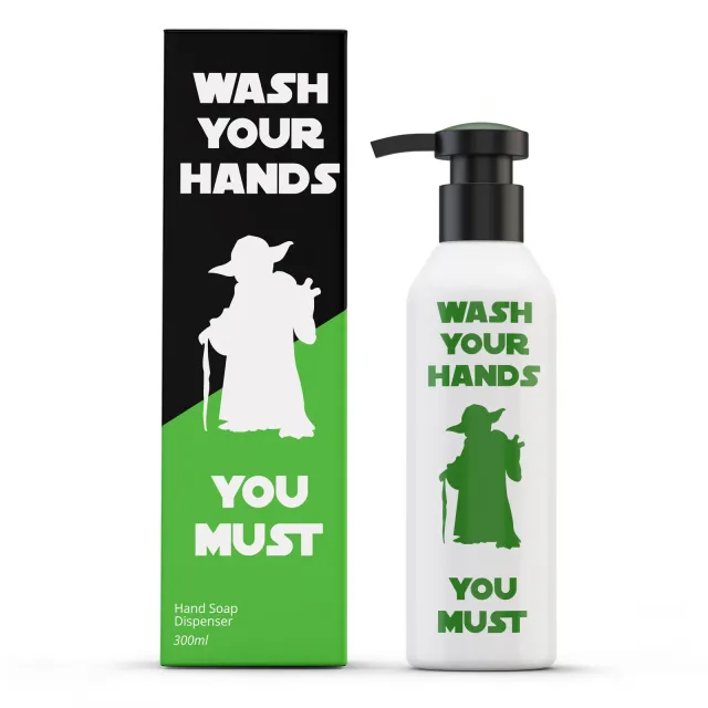 Wash Your Hands You Must soap dispenser in front of its black and green box
