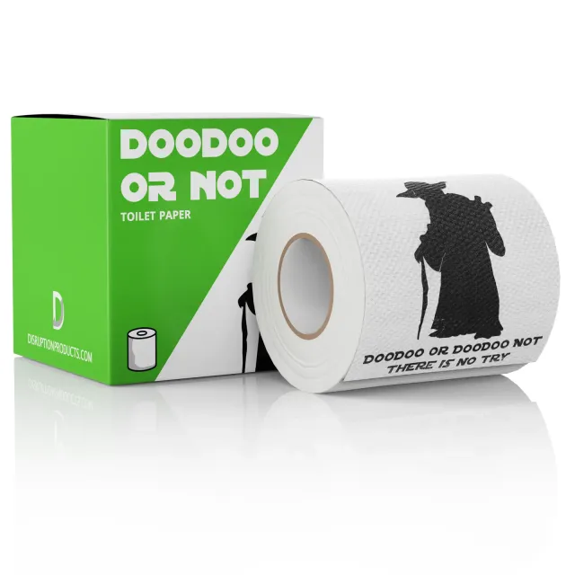 Green DooDoo or Not toilet paper box with a roll beside it