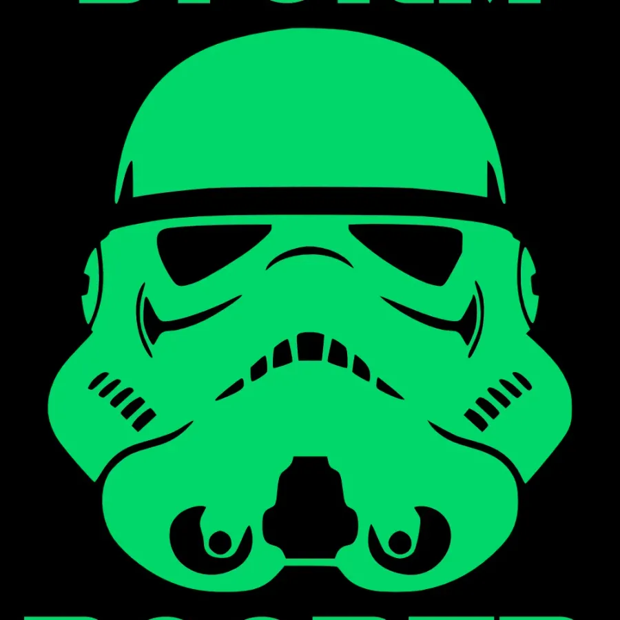 Storm Pooper Stormtrooper helmet decal in glow green on a black background