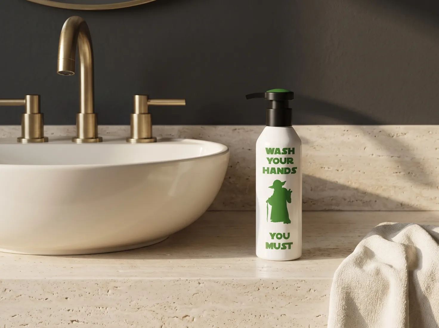 Wash Your Hands You Must dispenser styled beside a sink in a warm, modern bathroom