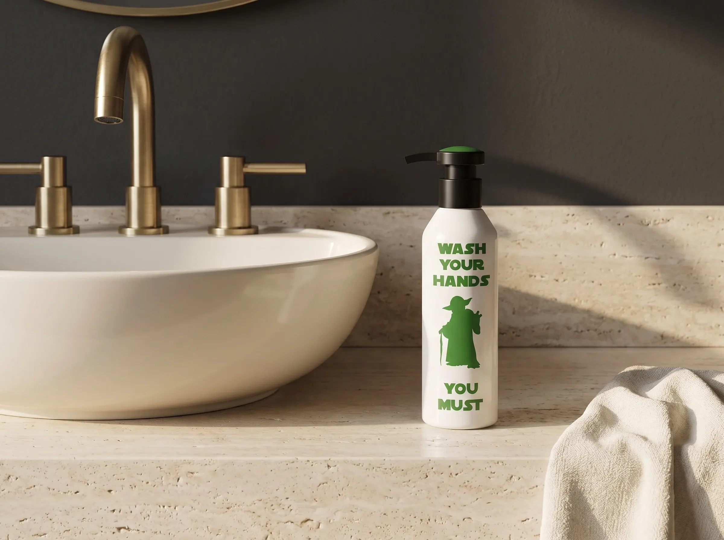 Wash Your Hands You Must soap dispenser with its green Yoda inspired print on a stone vanity beside a white sink and brass faucet