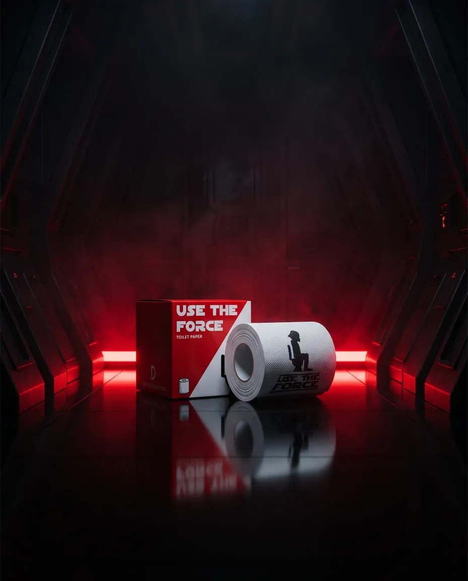 Use The Force toilet paper roll and red box in a dark corridor lit with red light