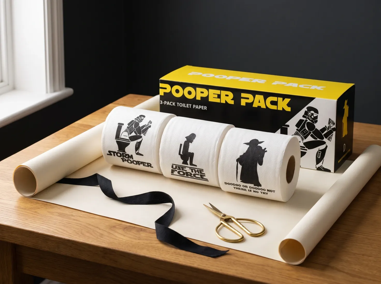Pooper Pack gift set on an oak table with ivory wrapping paper and black ribbon
