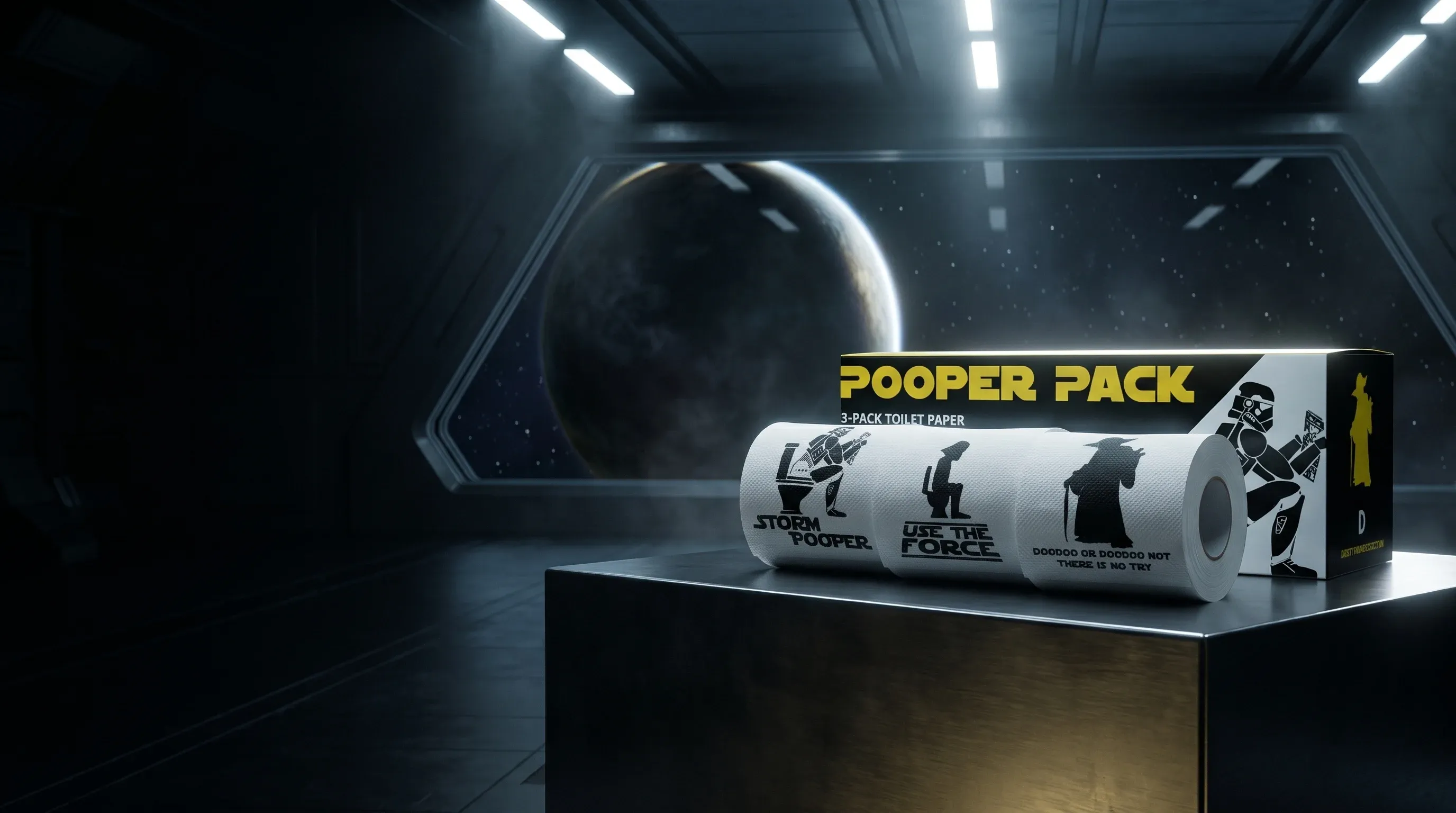 The Pooper Pack boxed set and its three parody toilet paper rolls on a display plinth in a starship hangar