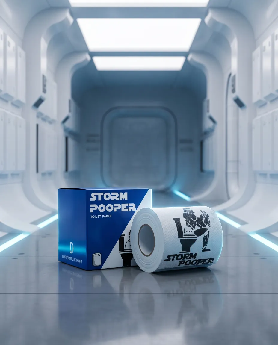 Storm Pooper toilet paper roll and blue box in a bright white starship hallway