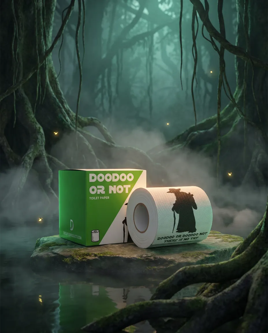DooDoo or DooDoo Not toilet paper roll and green box on a mossy stone in a misty swamp